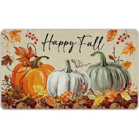 happy fall pumpkin decorative front door mat, autumn maple leaves welcome doormat indoor outdoor non-slip floor entryway rug, th
