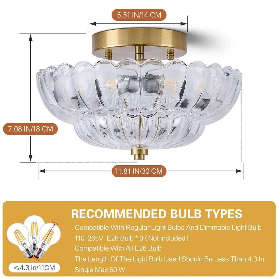 Mid Century Modern Vintage Semi Flush Mount Ceiling Light Fixture,Gold Surface Treatment,Clear Flower Glass,for Hallway Bedroom