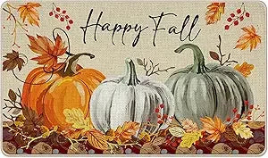 happy fall pumpkin decorative front door mat, autumn maple leaves welcome doormat indoor outdoor non-slip floor entryway rug, th