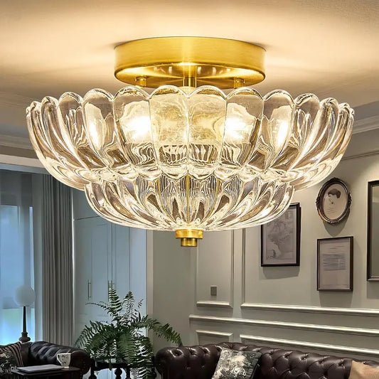 Mid Century Modern Vintage Semi Flush Mount Ceiling Light Fixture,Gold Surface Treatment,Clear Flower Glass,for Hallway Bedroom