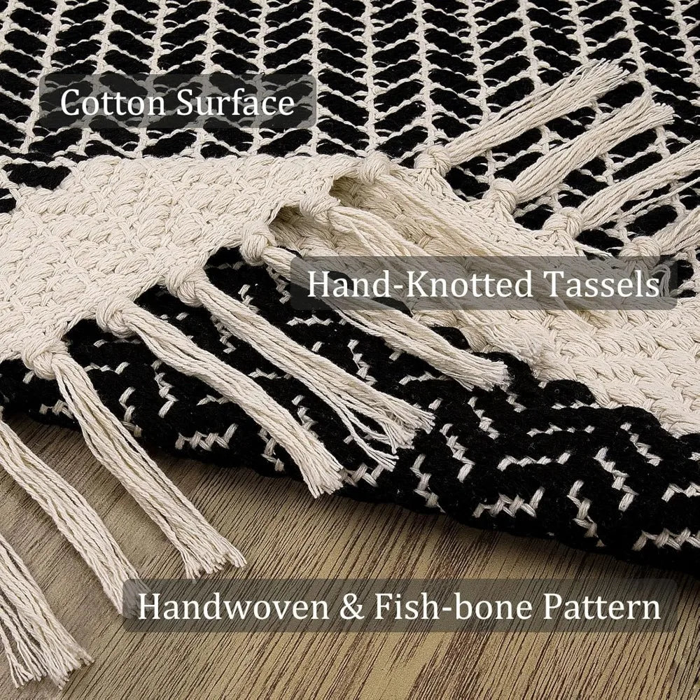 Boho Bathroom Rugs, Small 2x3 Front Door Mat Lightweight Kitchen Rug Woven Cotton Area Rug with Tassels, Farmhouse Washable Bla