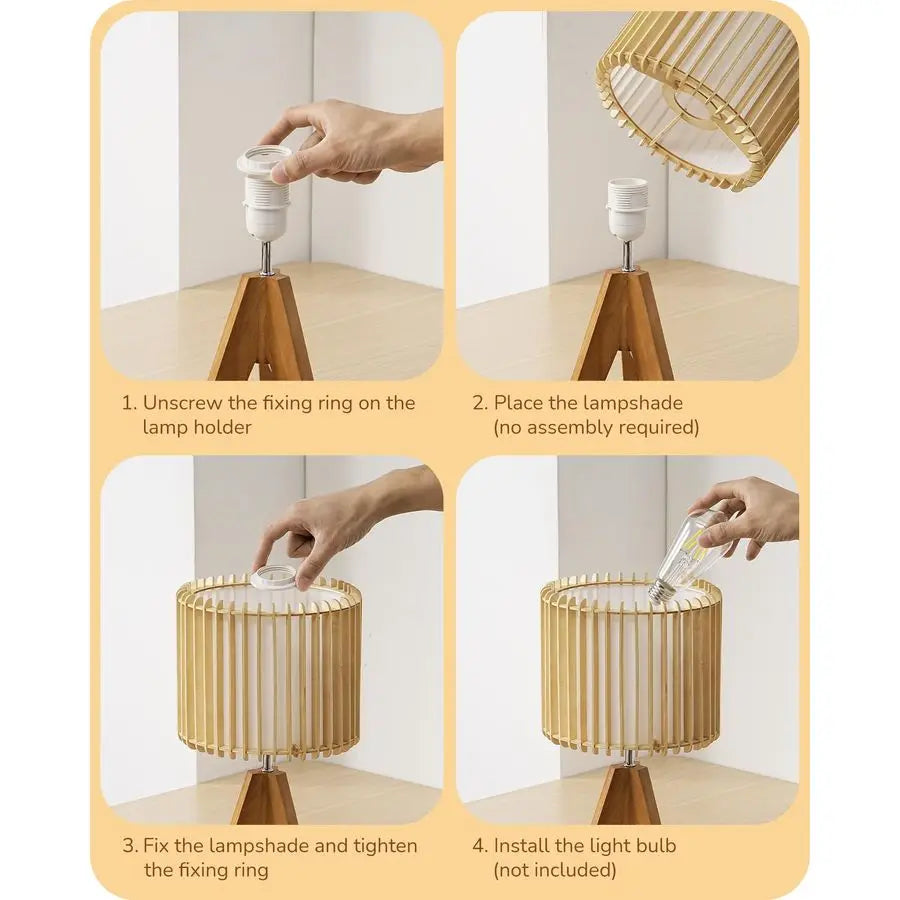 14.17 Small Table Lamp, Wood Tripod Bedside Lamp, Natural WoodColored Hollow amp White PVC Shade, E26 Base, Boho Nightstand Lamp