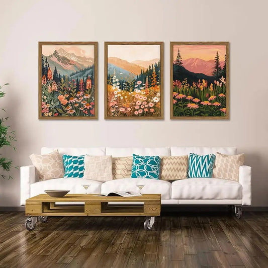 Colorful Landscape wall art Wildflower Mountain Wall Decor Vintage Floral Forest Paintings Rustic Nature Pictures Canvas Prints