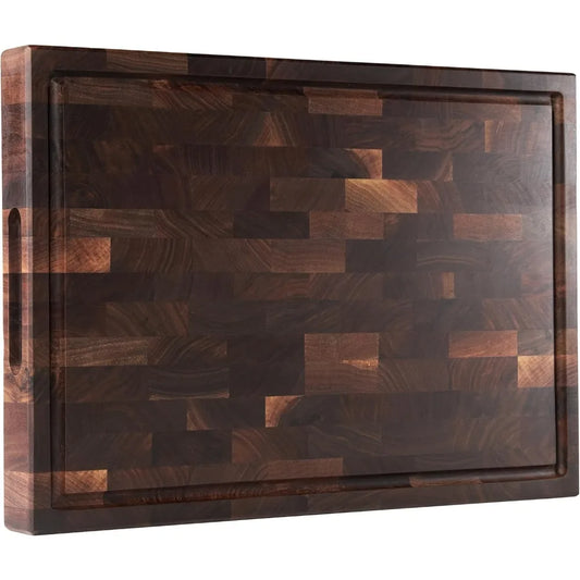 Kitchen End Grain Dark Walnut Wood Cutting Board 17x12x1.6 with Juice Groove and Inner Handles, Gift Boxed