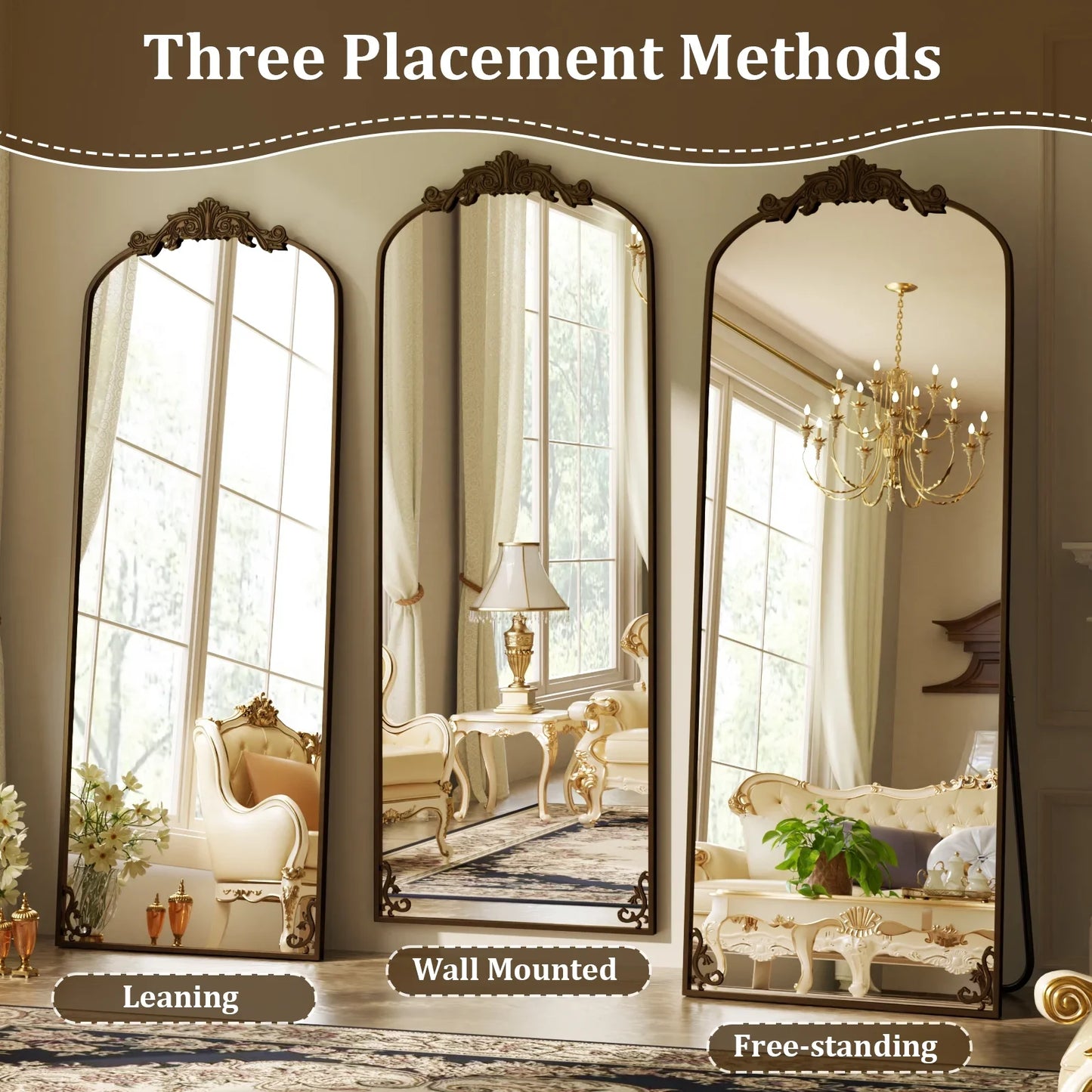 BEAUTYPEAK Full Length Mirror with Baroque Flower Head Design Wall-Mounted Mirror