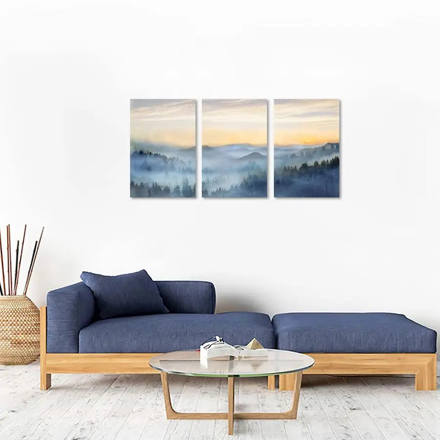 Decor for Bedroom 3 Panel Sunrise Misty Forest Print Picture Paintings Wall Art for Living Room Bathroom Framed Canvas Artwork M