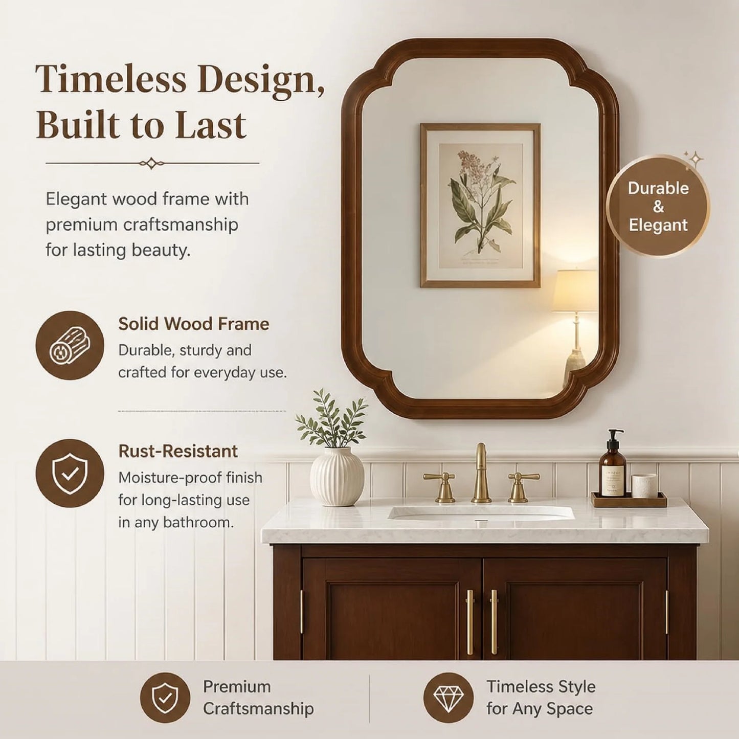 Black Walnut Rounded Corner Mirror, 20" x 30" Solid Wood Frame Decorative Wall Mirror for Bathroom Bedroom Living Room Entryway