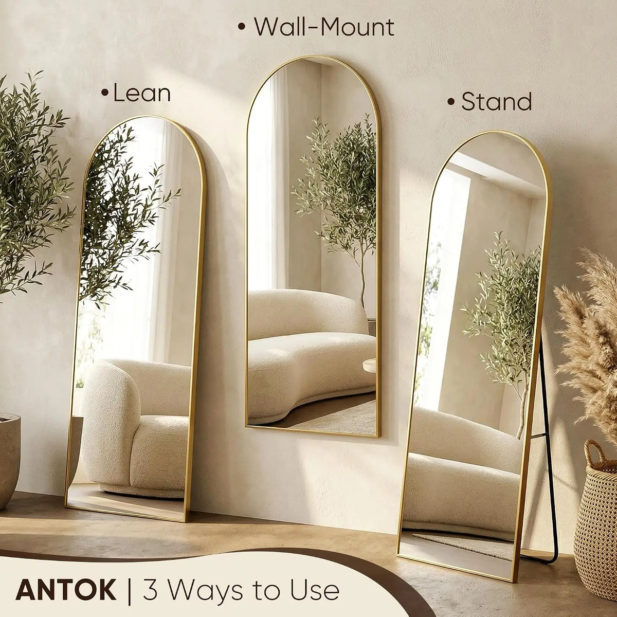 58" x19” Arched Full Length Floor Mirror, Gold Aluminum Frame, Free Standing/Wall Mount/Leaning for Bedroom, Living Room,