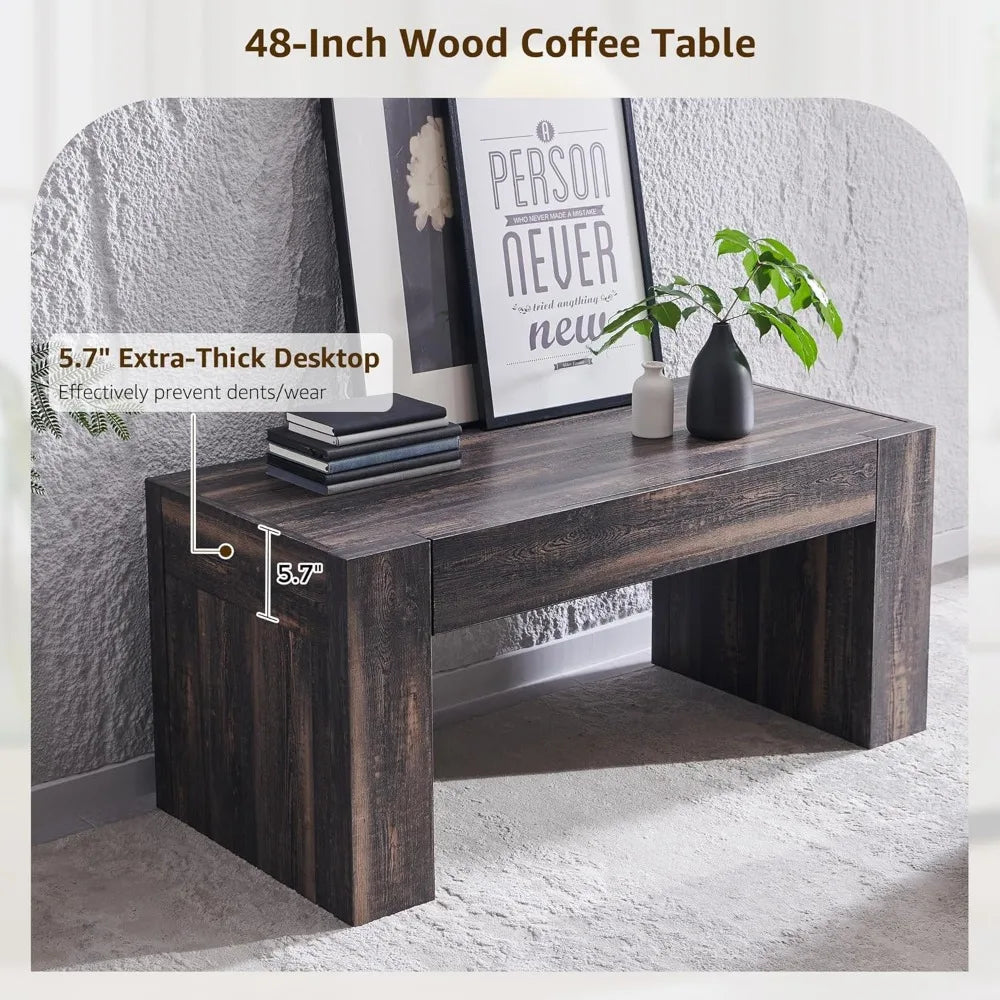 48 Modern Farmhouse Coffee Table, Wooden Living Room Table with Hidden Storage Drawer, Rustic Rectangular Center Tables w/Wo