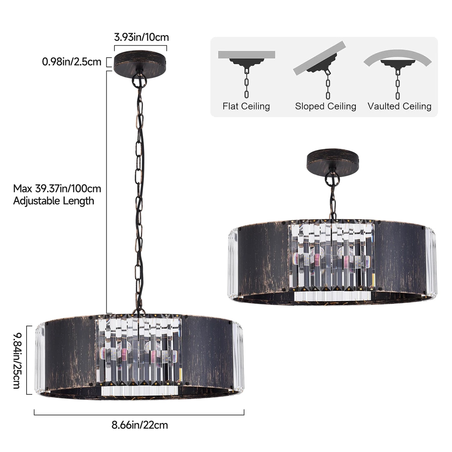 VETRULUS Luxury Black Crystal Modern Pendant Light Hanging Ceiling Lamp Chandelier Home Decor Lustre Living Dining Room Kitch