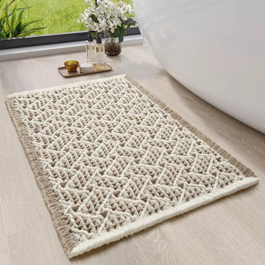 Waffle Bath Mat, Boho Bathroom Rugs Extra Soft and Absorbent Non Slip Washable Bath Rug, Rubber Backed Bathroom Floor Mat Outsid