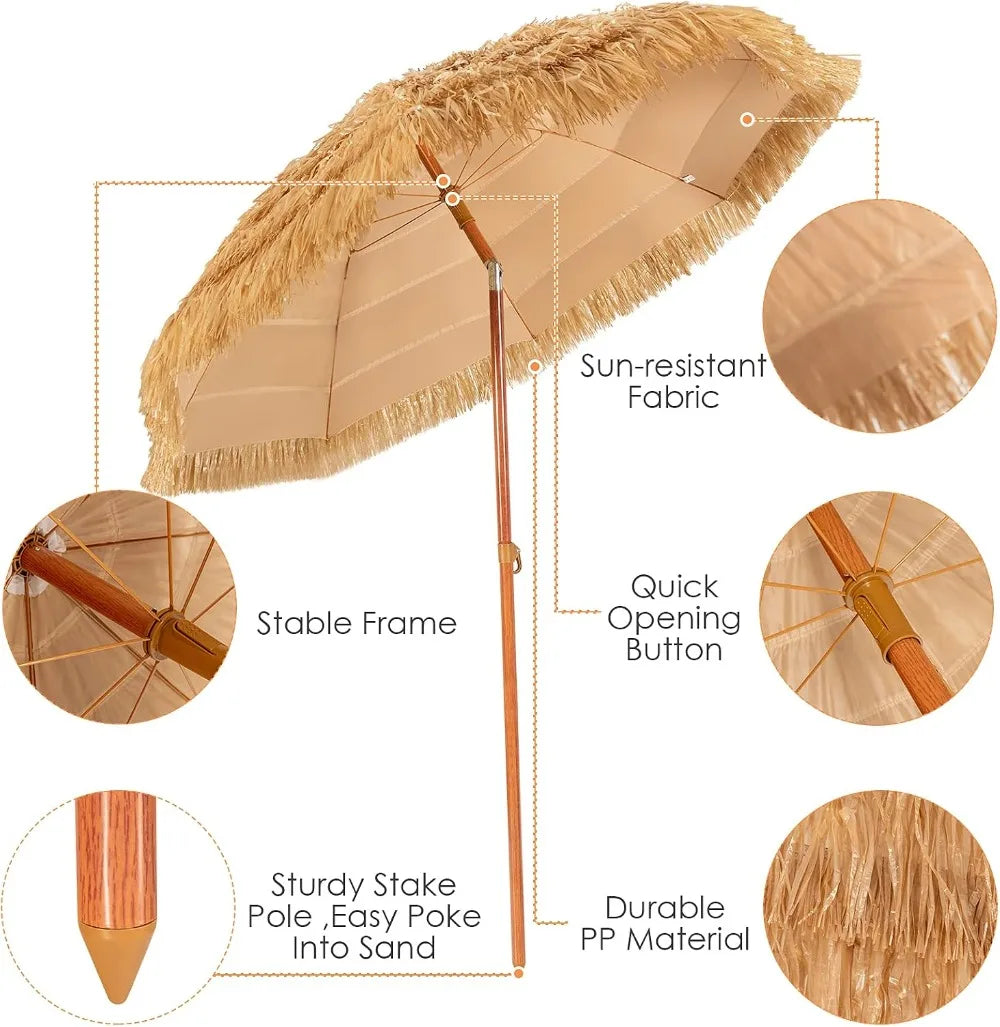 6.5Ft Hawaiian Tiki Patio Umbrella with Tilt, PE Grass Thatch Design for Beach, Garden, Poolside