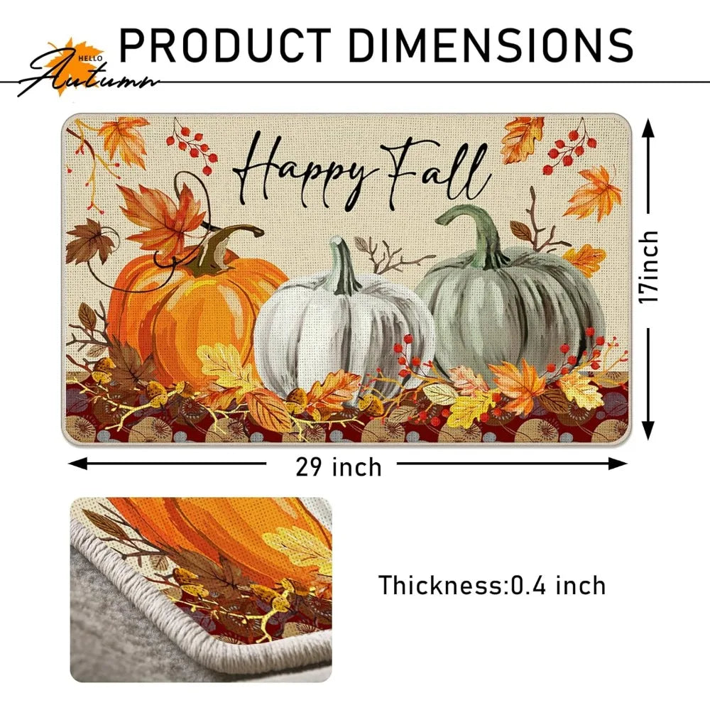 happy fall pumpkin decorative front door mat, autumn maple leaves welcome doormat indoor outdoor non-slip floor entryway rug, th