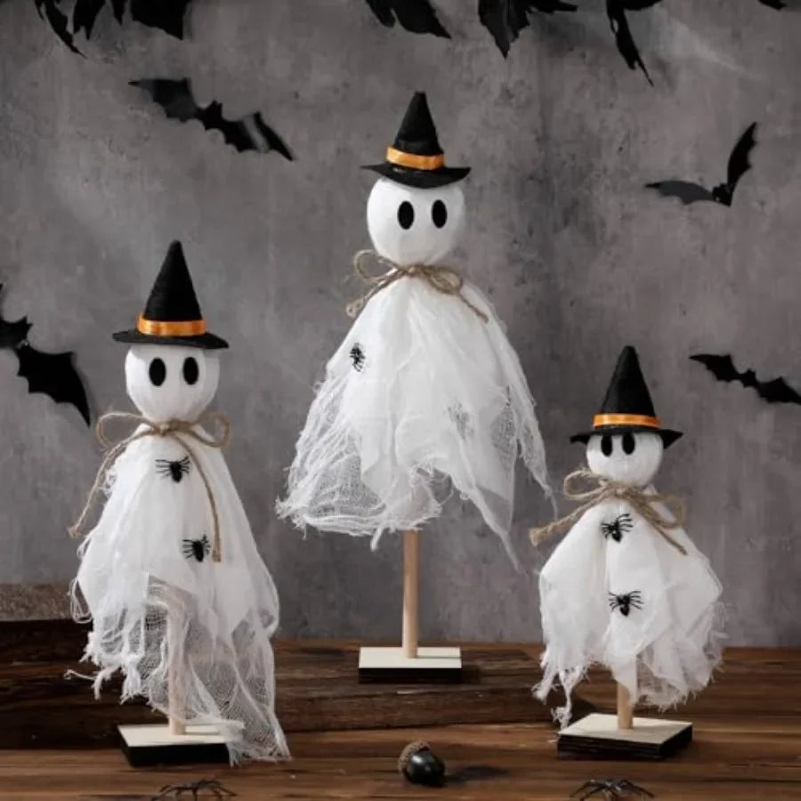 3 Pcs Halloween Witch Ghost Indoor Decorations Halloween Ghost on Wooden Stand Table Centerpieces with Witch Hat Spider for Des