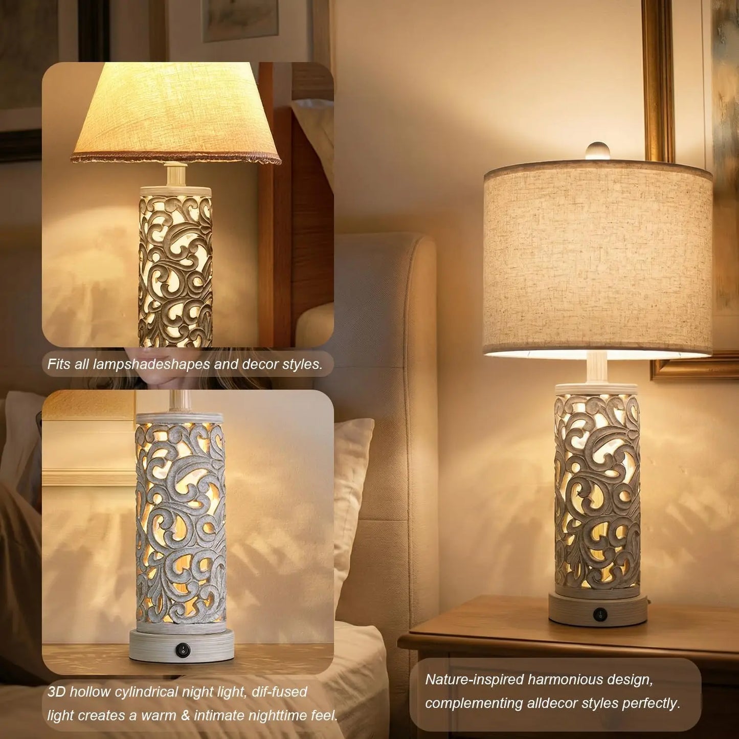 Set of 2 Farmhouse Table Lamps with USB Ports & Night Light, Vintage Style for Bedroom Living Room Home Office