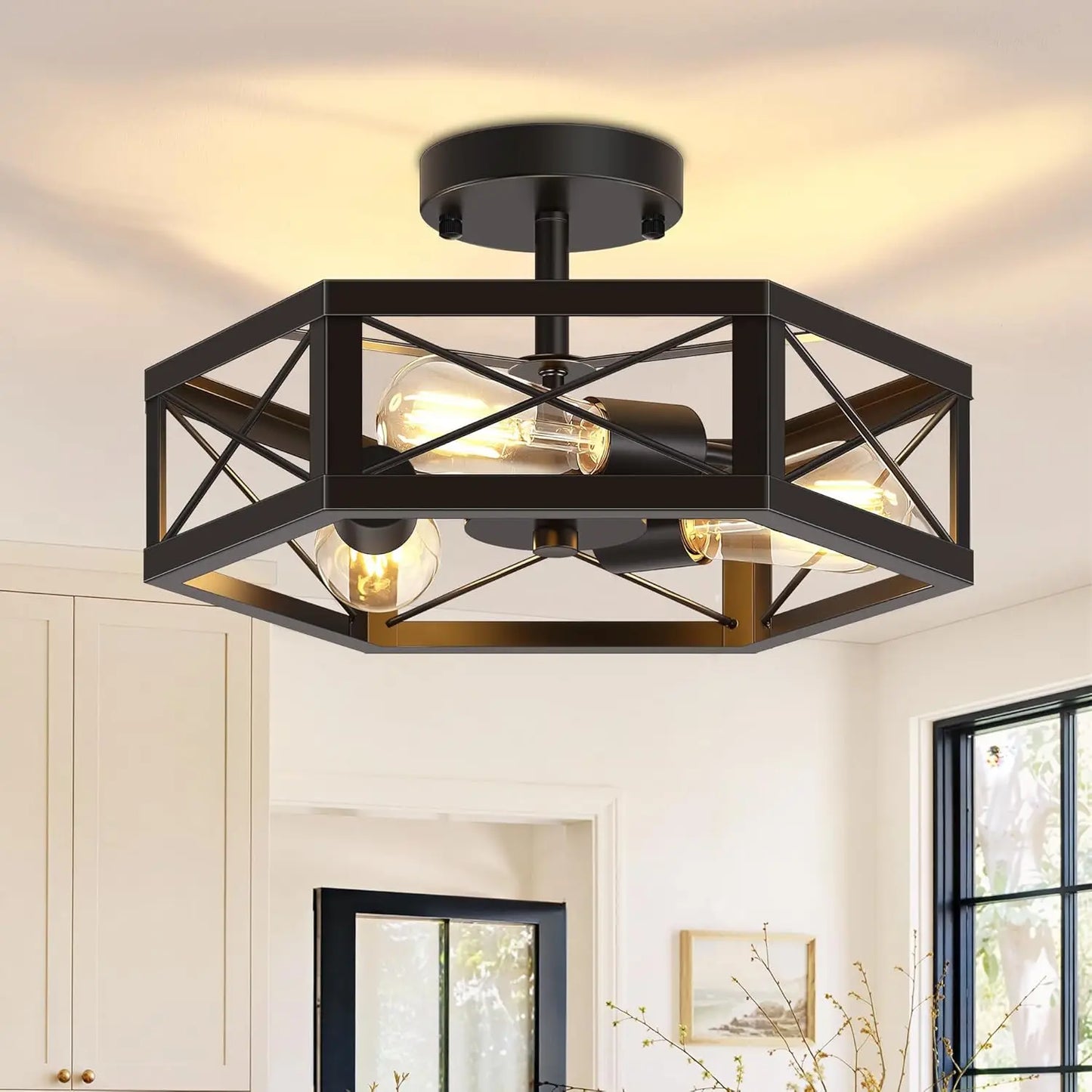 3-Light Black Semi Flush Mount Ceiling Fixture with Hexagon Cage for Kitchen Dining Room Bedroom Hallway