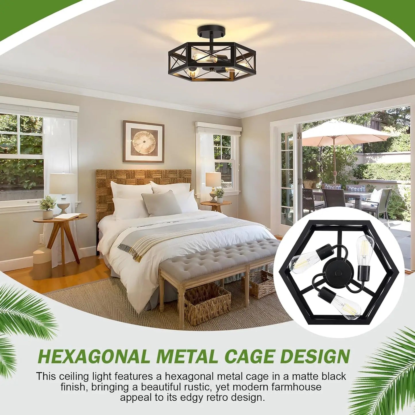 3-Light Black Semi Flush Mount Ceiling Fixture with Hexagon Cage for Kitchen Dining Room Bedroom Hallway