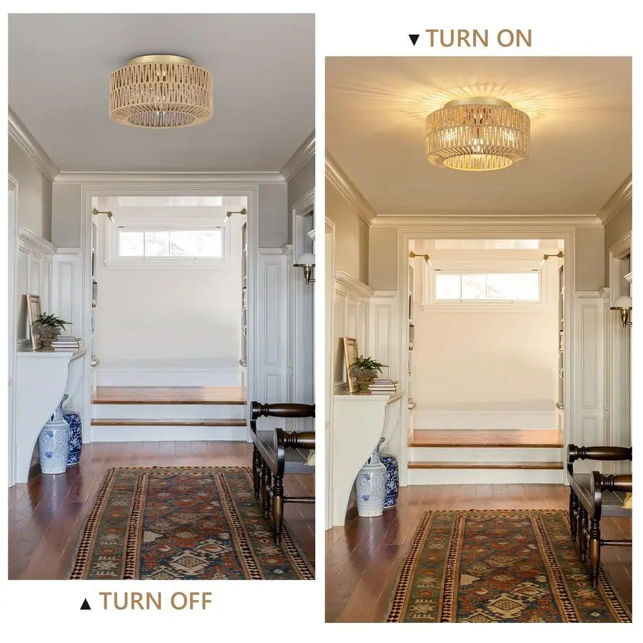 Light Fixtures, 3Light Farmhouse Rattan Ceiling Light, Flush Mount with HandWoven Shade, Modern Chandelier for Living, Bedroom,