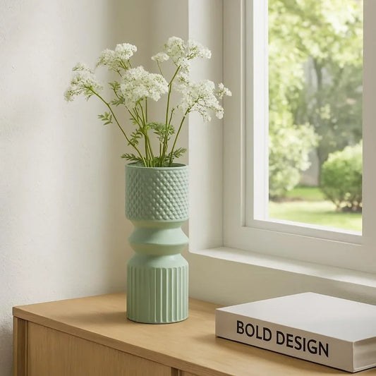Boho Style Green Ceramic Vase Textured Stoneware Flower Holder Decorative Home Office Bedroom Living Room Centerpiece 10 Inch