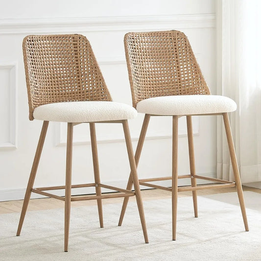 Rattan Bar Stools Set of 2, 26 Inches Height Wicker Bar,PE Rattan Stools with Metal Legs,Wicker Bar Stools Set of 2