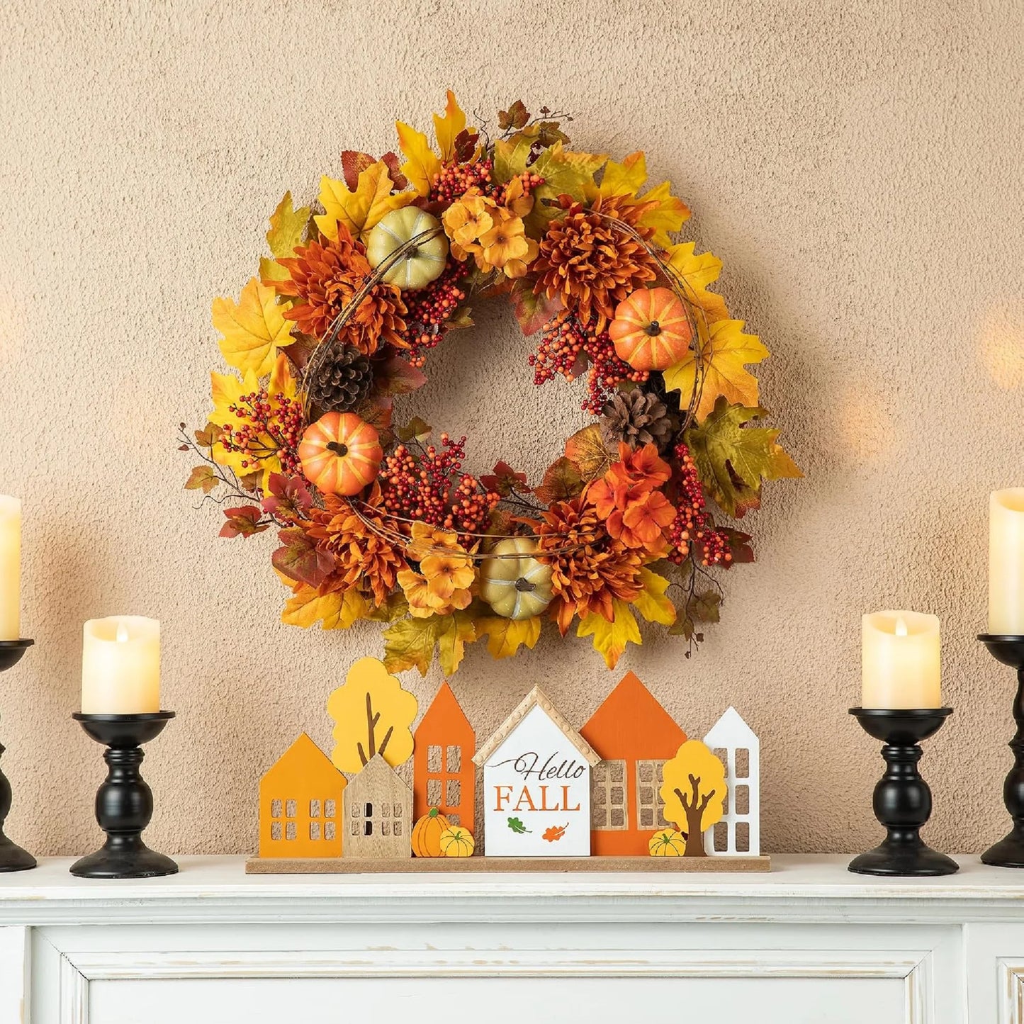 24 inch Artificial Fall Wreath Decor, Autumn Maple Leaf Wreath for Front Door with Dahlia Pumpkin