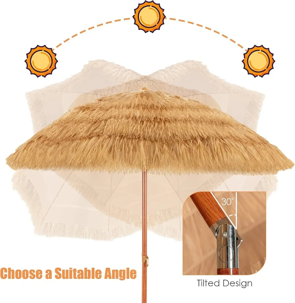 6.5Ft Hawaiian Tiki Patio Umbrella with Tilt, PE Grass Thatch Design for Beach, Garden, Poolside