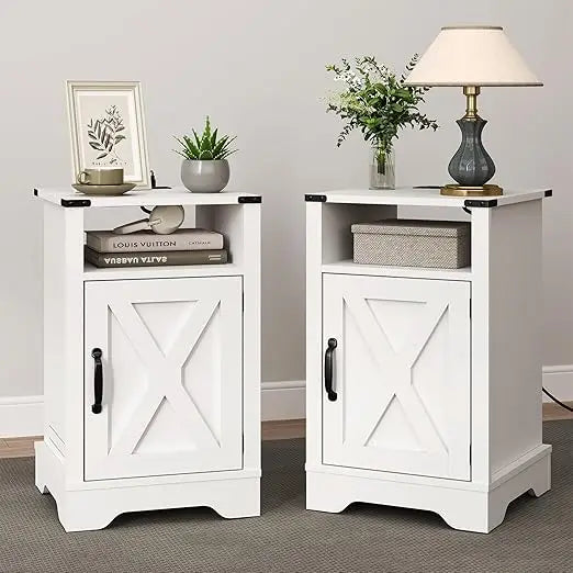 Farmhouse Nightstand, White End Table with Charging Station, Tall Bedside Table with Large Storage Room and Shelf, Wooden Rusti