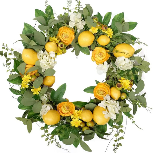 20 inch Artificial Lemon Wreath for Front Door Yellow Peony White Hydrangea Green Leaves Wreath with Big Berries Grapevine Sprin