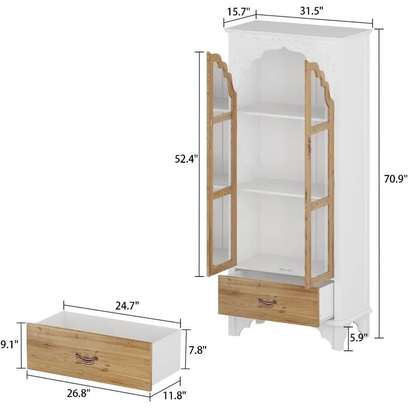 ECACAD Modern 3-Tier Storage Cabinet Bookshelf with Carved Doors,Versatile for Living Room, Kitchen, Home Office,White&Brown