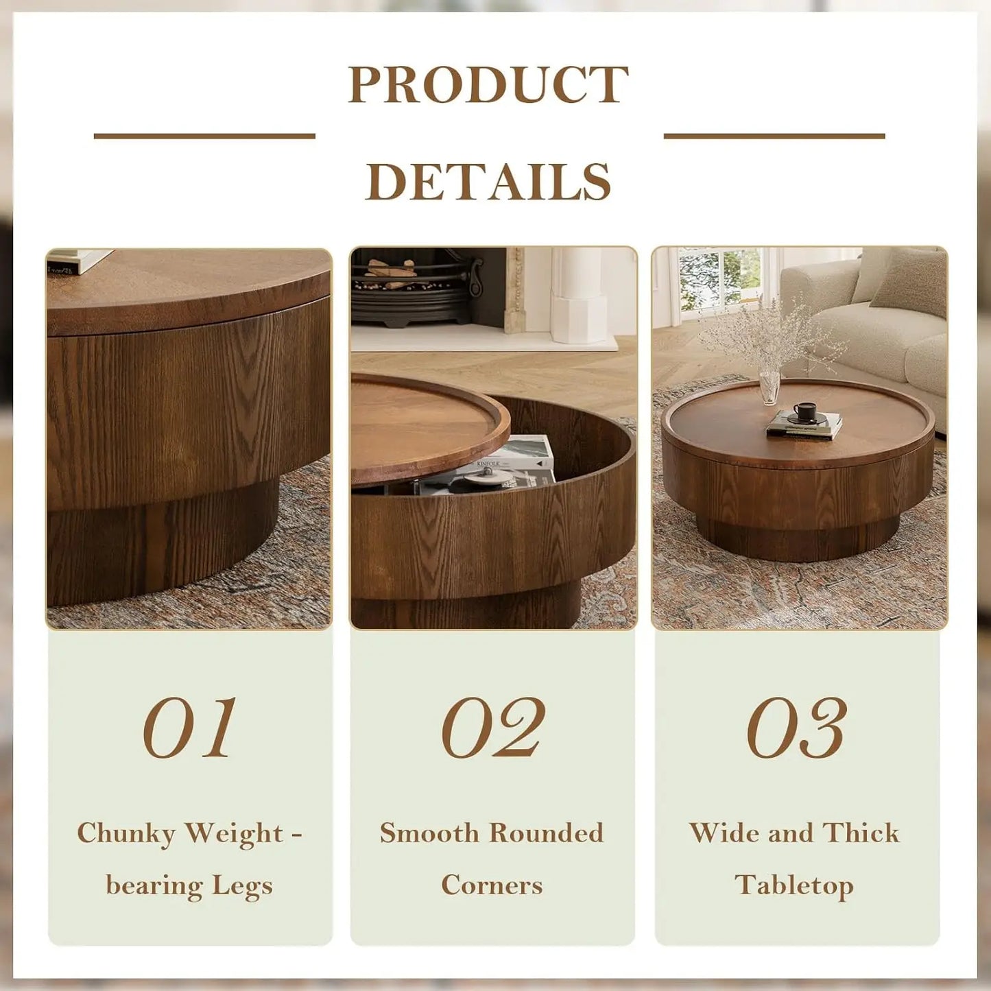 Rustic Wood Round Coffee Table with Storage, Modern Luxury Circle Drum Center Tables with Solid Wood Veneered and, Customized
