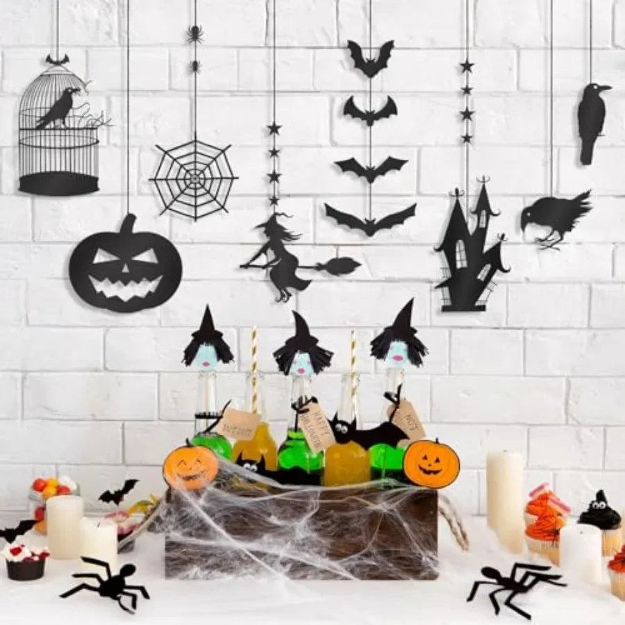 Halloween Witch Party Decorations Black Halloween Hanging Banner Garland Decorations Crow Cage Pumpkin Bats Haunted House Raven