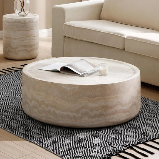 Round Coffee Table, 39.37” Modern Tea Faux Travertine Textured Table Fiberglass Side Table End Table for Living Room