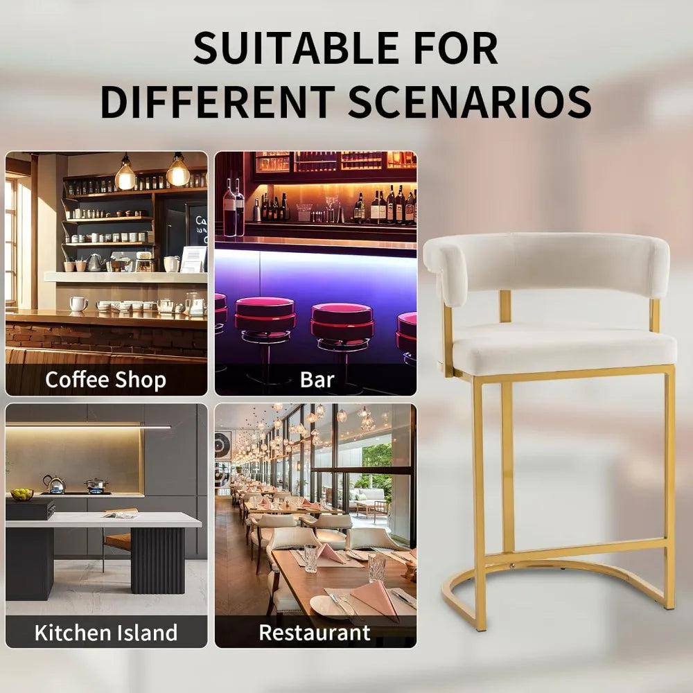 25.6" Seat Height Bar Stools (2-Piece) – Modern Beige Velvet, Barrel Backrest with Gold Metal Footrest