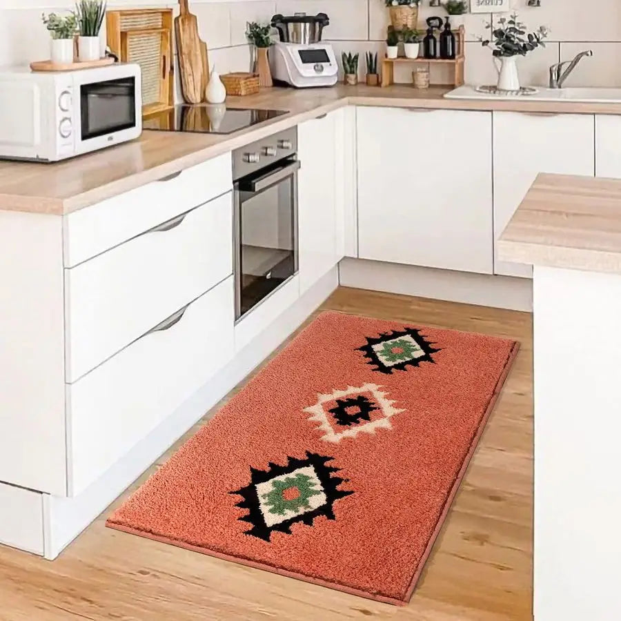 Boho Bathroom Rugs Coral Red Bath Mat Non Slip Western Geometric Bath Rug Luxury Soft Absorbent Carpet for Bathroom Shower Kitch