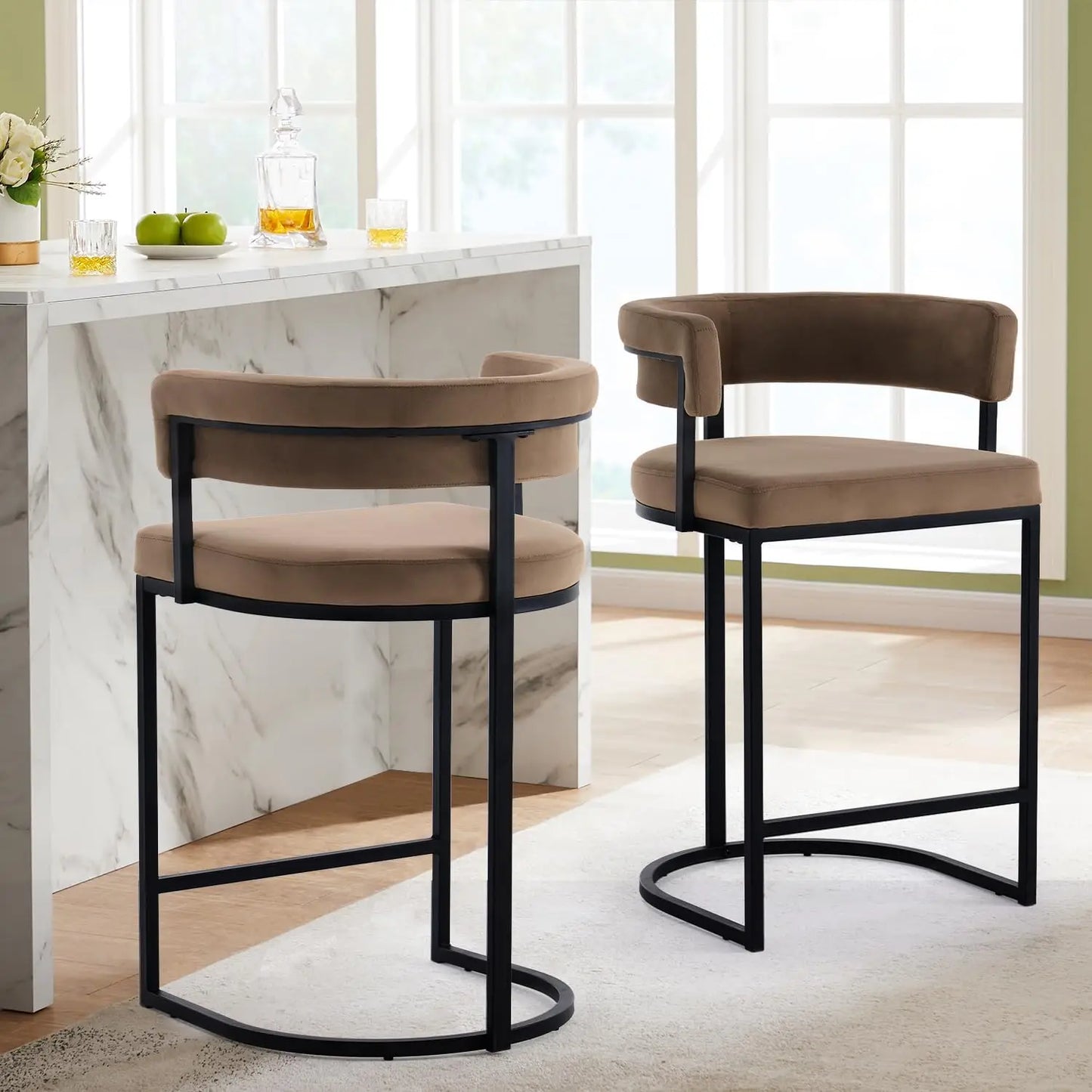 25.6" Seat Height Bar Stools (2-Piece) – Modern Beige Velvet, Barrel Backrest with Gold Metal Footrest