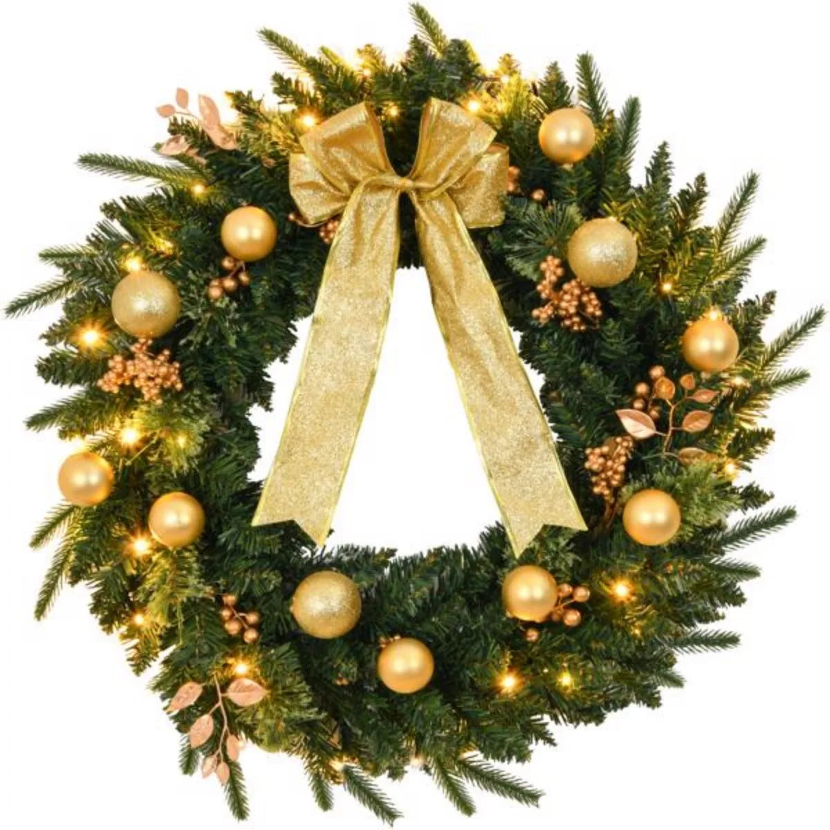 24in Christmas Wreath with Remote Lighted Artificial Xmas Wreath Warm Lights Ornaments for Front Door Gate Wall Xmas Party Decor
