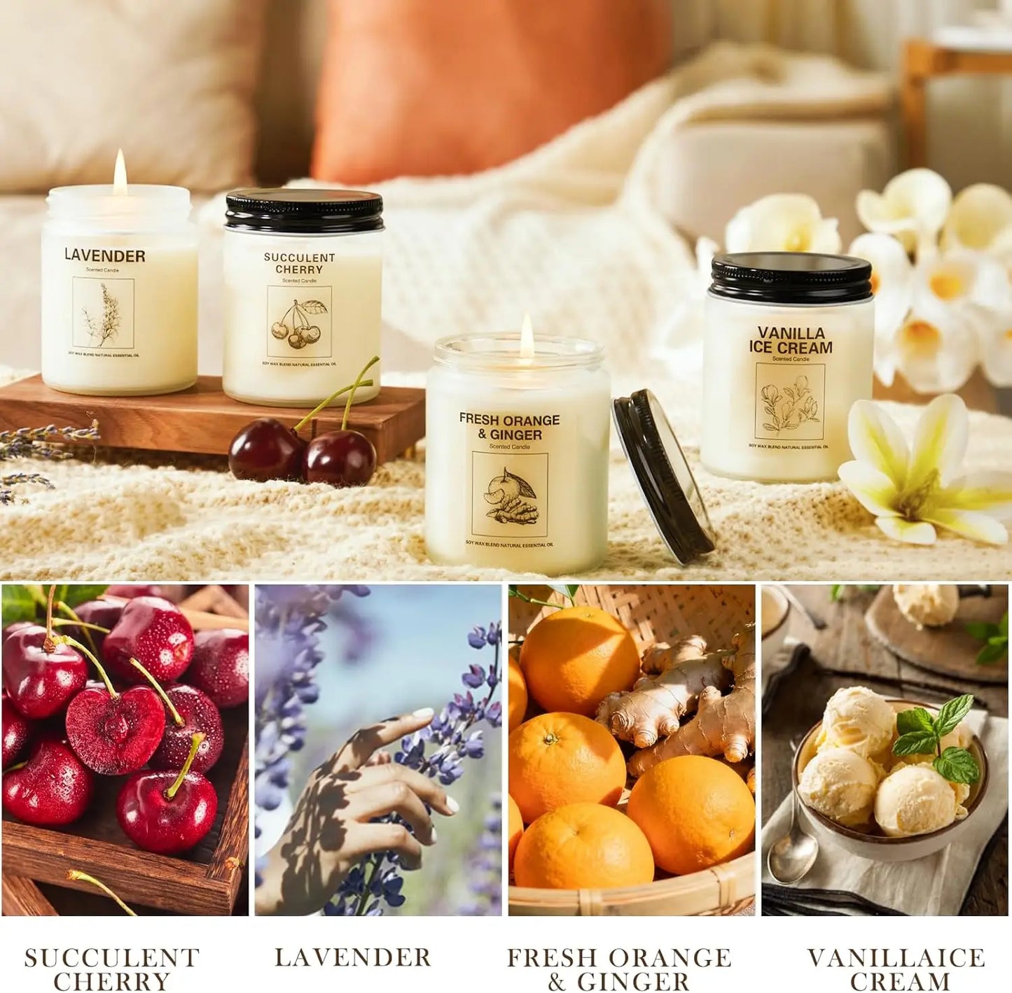 4-Pack Aromatherapy Candles: Lavender, Orange Ginger, Vanilla Scents for Home Relaxation & Holiday Gifts