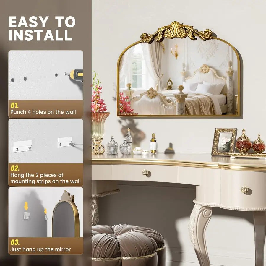 Arched Wall Mirror, 28x 20 Bathroom Vanity Mirror with Carved Pattern Top and Aluminum Frame, Antique Decorative Mirror for Hang