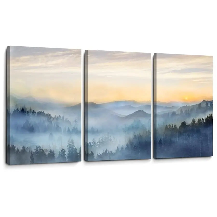 Decor for Bedroom 3 Panel Sunrise Misty Forest Print Picture Paintings Wall Art for Living Room Bathroom Framed Canvas Artwork M