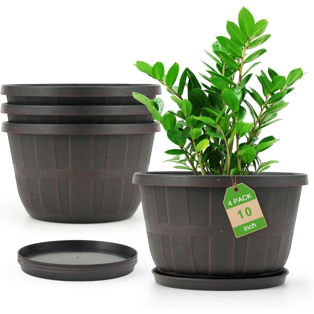 10 Inch Plastic Flower Pots 4 Pack with Drainage Saucers for Indoor Outdoor Garden Plants