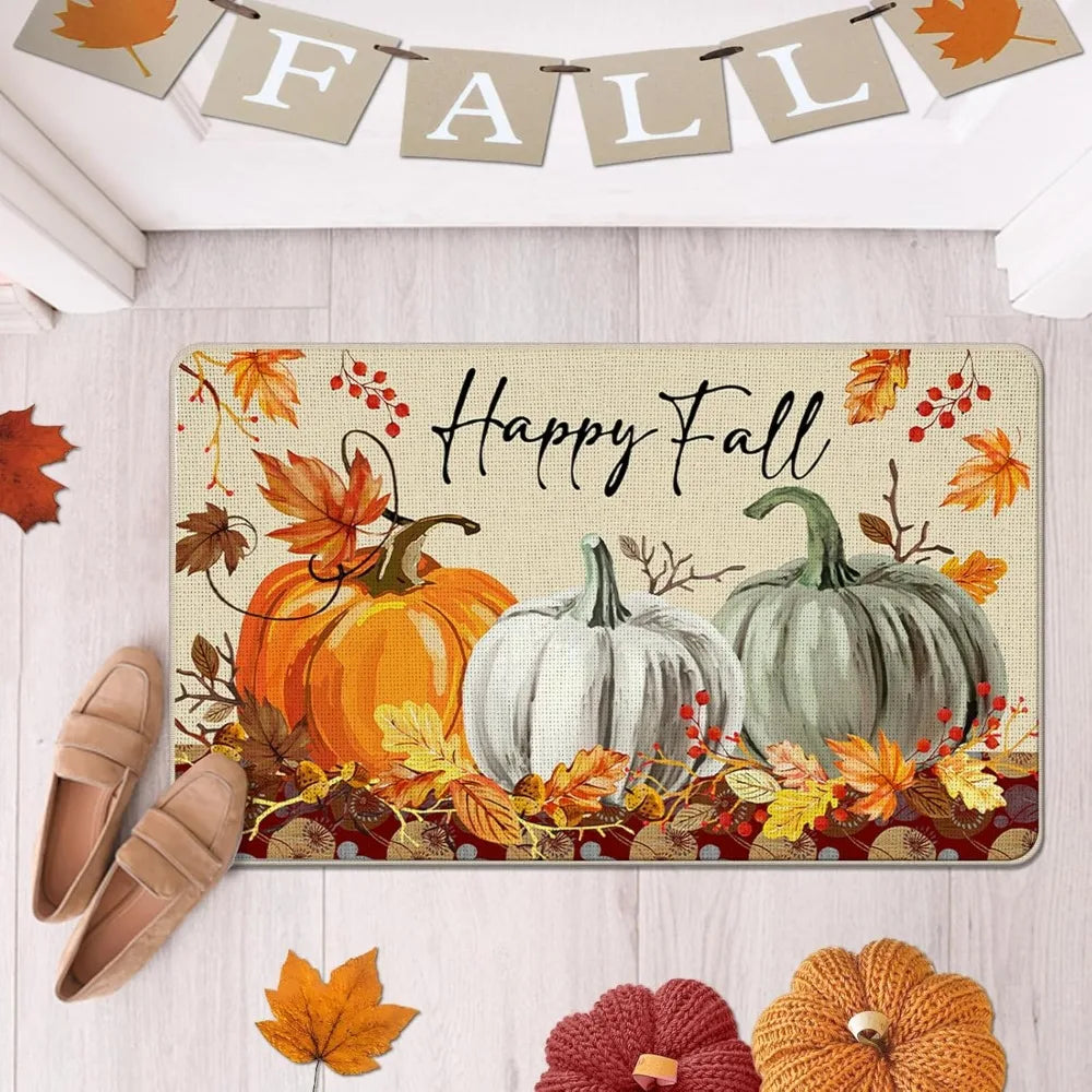 happy fall pumpkin decorative front door mat, autumn maple leaves welcome doormat indoor outdoor non-slip floor entryway rug, th