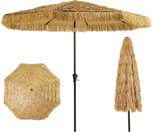 9ft Hawaiian Tiki Umbrella with Crank & Tilt, UPF 50+ Nylon Thatch, Steel Ribs for Outdoor Patio Beach Pool Backyard Garden