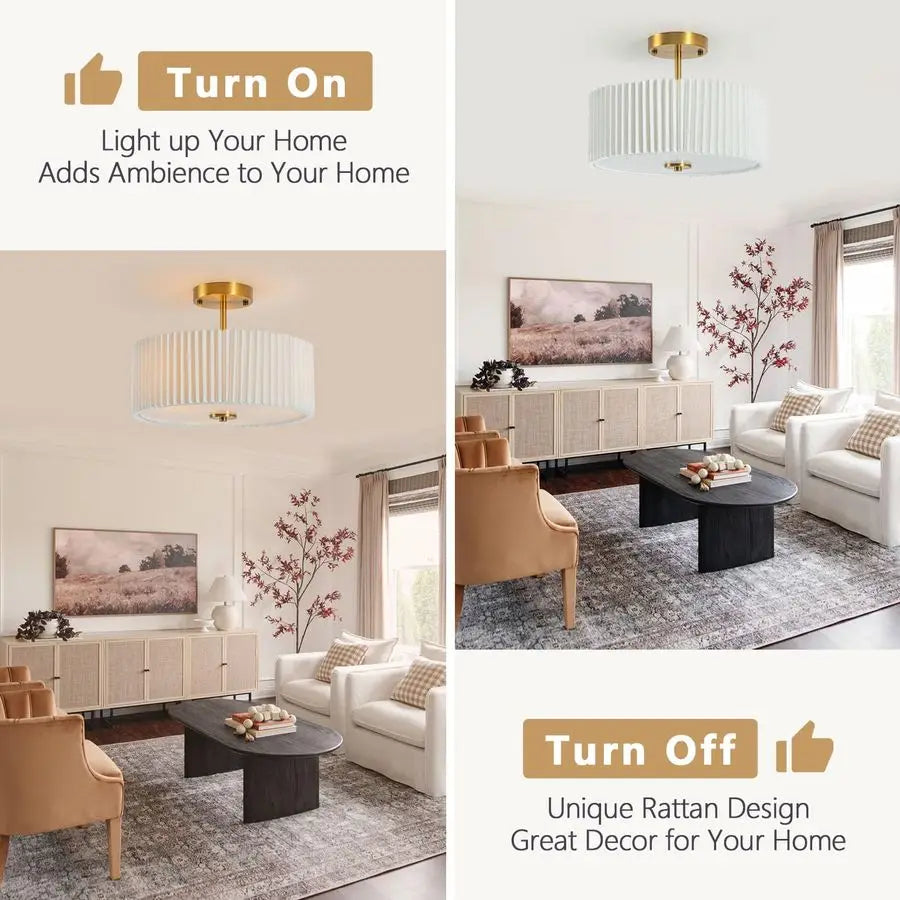 Semi Flush Mount Ceiling Light Fixture,12.5 inch Drum Flush Mount Ceiling Light,Gold Light Fixtures Ceiling Mount,Cream White wi