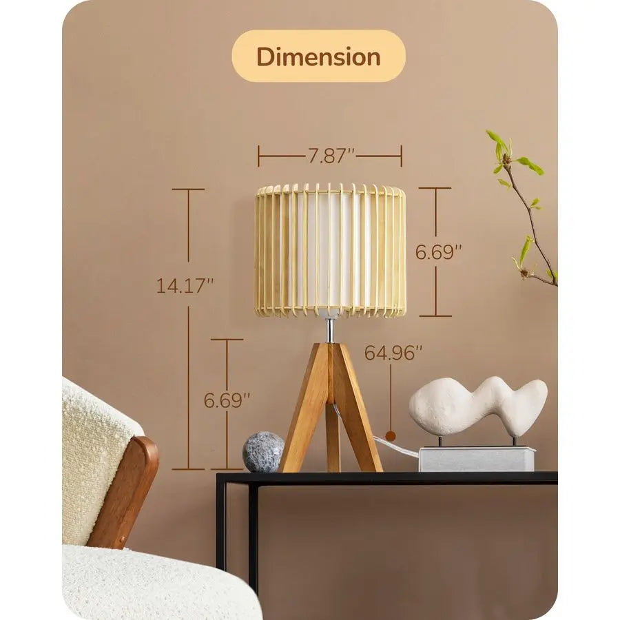 14.17 Small Table Lamp, Wood Tripod Bedside Lamp, Natural WoodColored Hollow amp White PVC Shade, E26 Base, Boho Nightstand Lamp