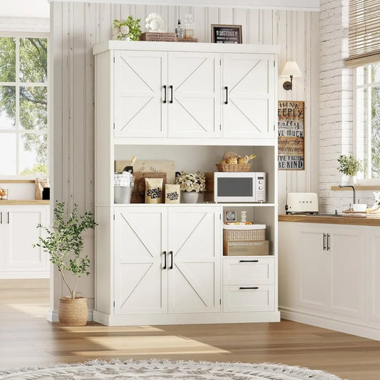 76" Tall Kitchen Pantry Storage Cabinet, Farmhouse Kitchen Hutch Cabinet with Microwave Stand, 47" Wide Food Pantry with Drawer