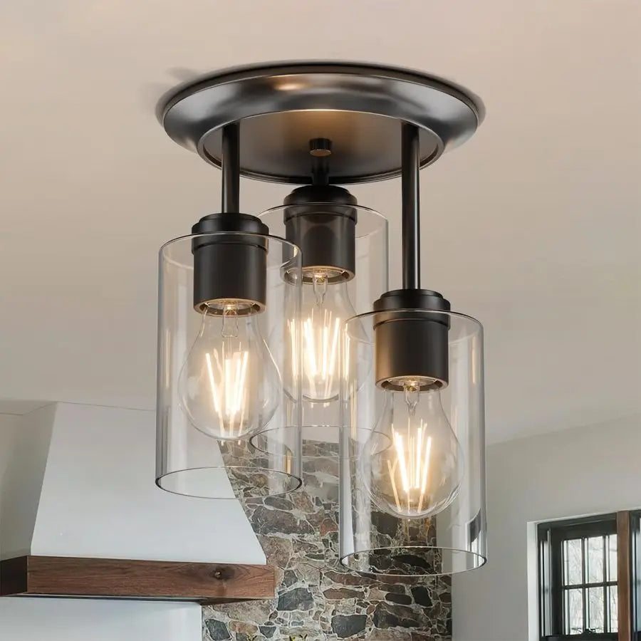 3Lights Semi Flush Mount Ceiling Light Fixture, Matte Black Light Fixtures, Ceiling Light for Kitchen, Foyer, Entryway, Farmhous