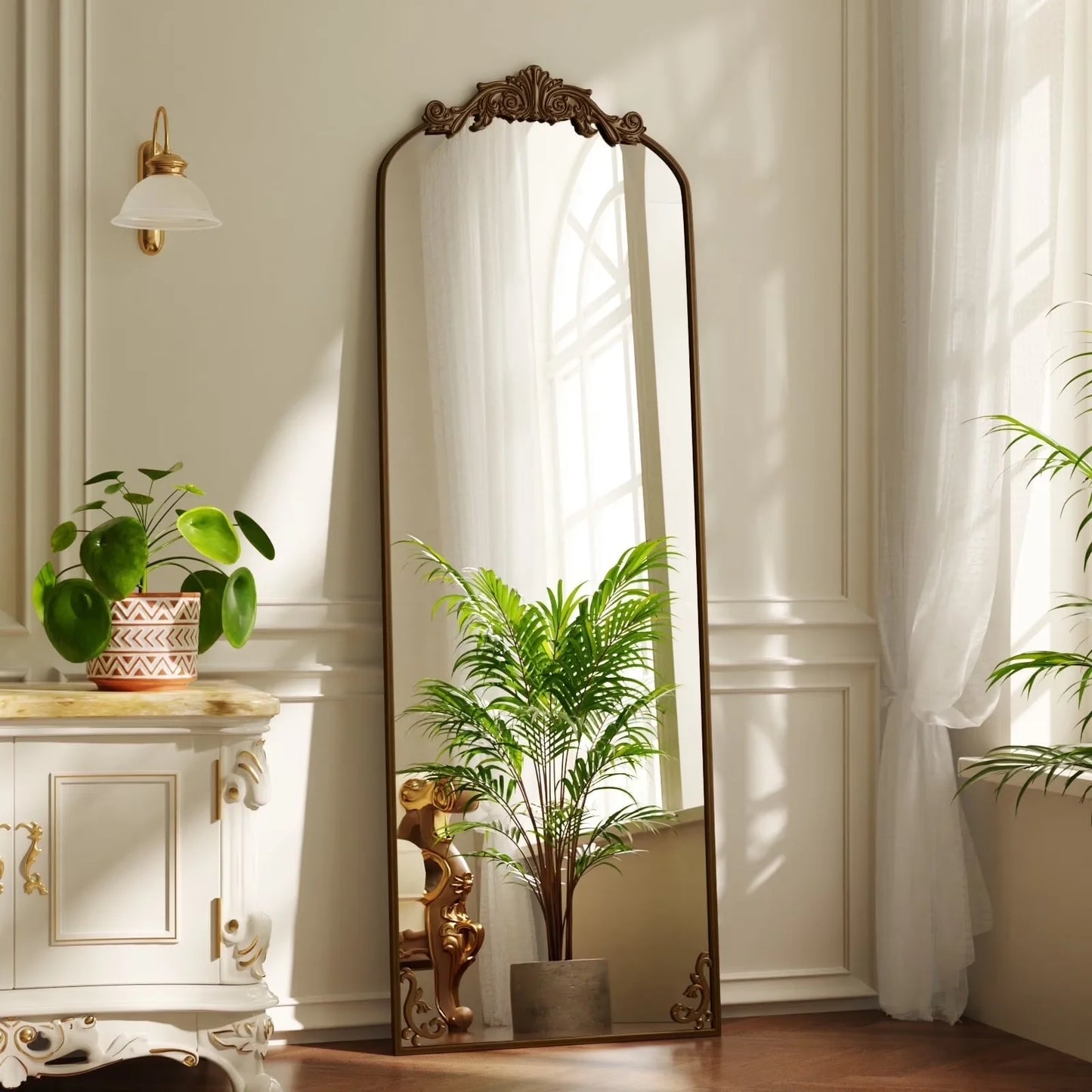 BEAUTYPEAK Full Length Mirror with Baroque Flower Head Design Wall-Mounted Mirror