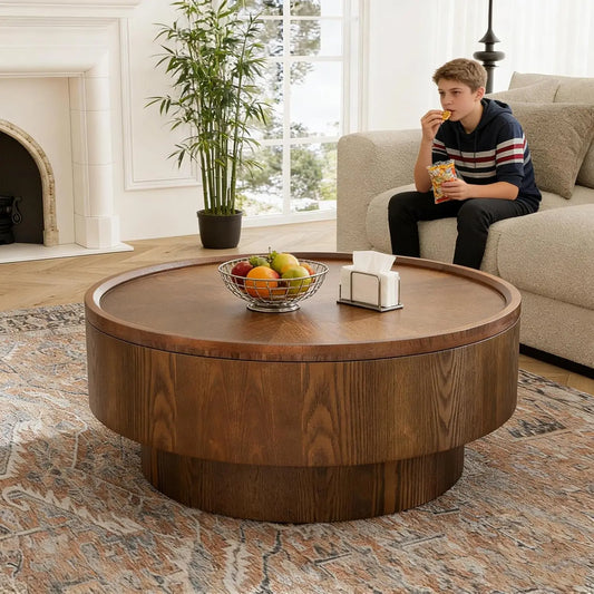 Rustic Wood Round Coffee Table with Storage, Modern Luxury Circle Drum Center Tables with Solid Wood Veneered and, Customized