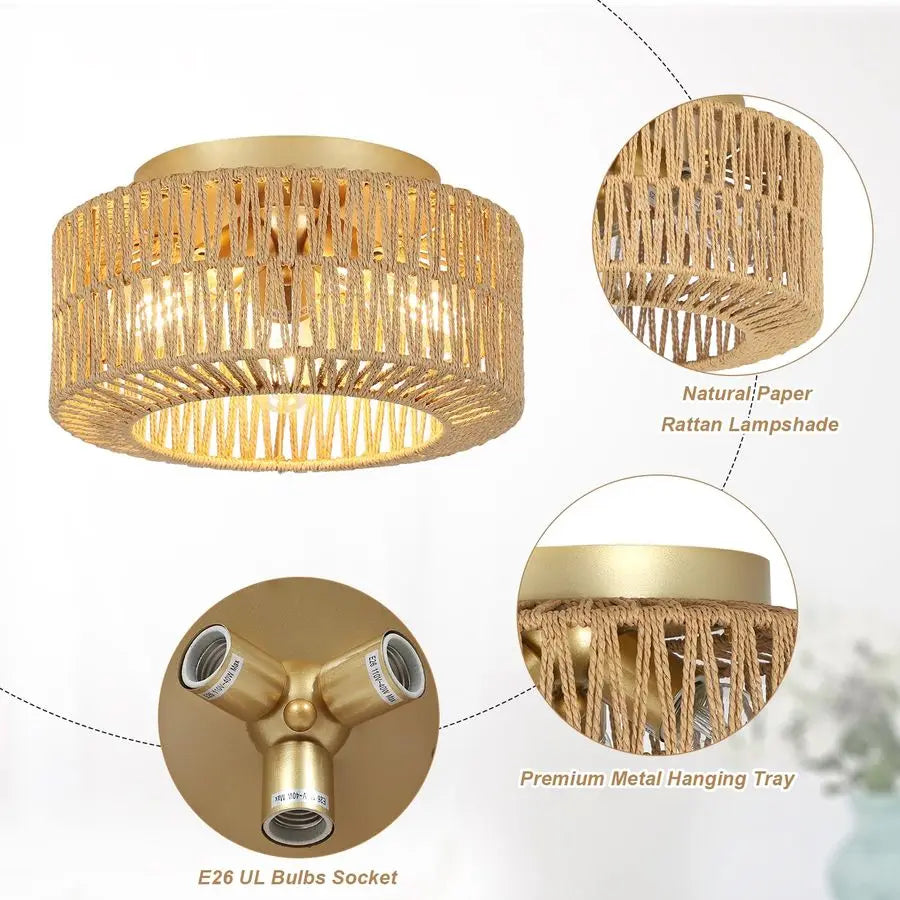 Light Fixtures, 3Light Farmhouse Rattan Ceiling Light, Flush Mount with HandWoven Shade, Modern Chandelier for Living, Bedroom,
