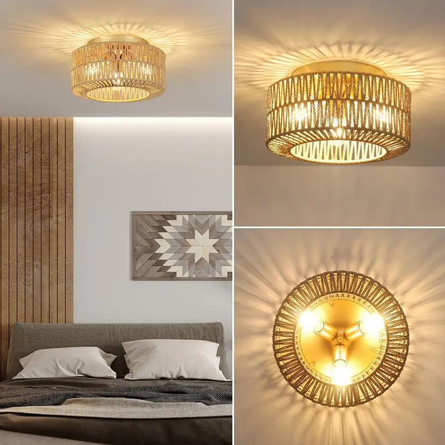 Light Fixtures, 3Light Farmhouse Rattan Ceiling Light, Flush Mount with HandWoven Shade, Modern Chandelier for Living, Bedroom,